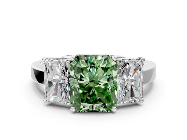 Platinum Three-Stone Fancy Green Radiant Cut Cut Diamond Engagement Ring with Flat Band and Four-Prong Setting