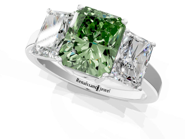 Platinum Three-Stone Fancy Green Radiant Cut Cut Diamond Engagement Ring with Flat Band and Four-Prong Setting