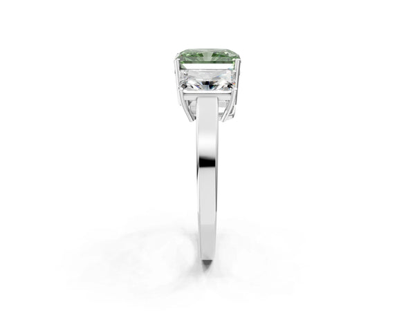 Platinum Three-Stone Fancy Green Radiant Cut Cut Diamond Engagement Ring with Flat Band and Four-Prong Setting