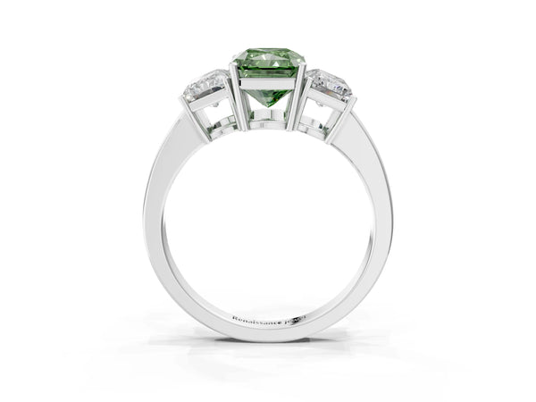 Platinum Three-Stone Fancy Green Radiant Cut Cut Diamond Engagement Ring with Flat Band and Four-Prong Setting