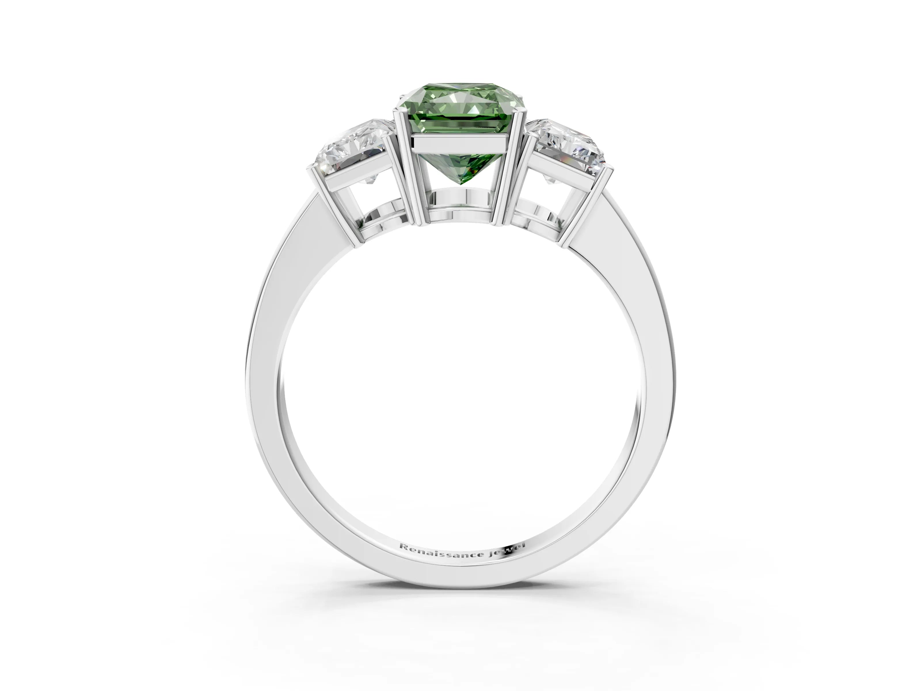 White gold Three-Stone Fancy Green Radiant Cut Cut Diamond Engagement Ring with Flat Band and Four-Prong Setting_15