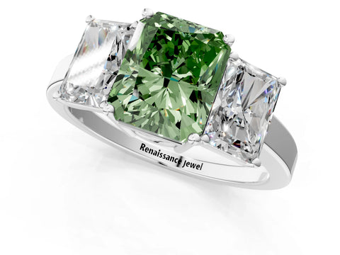 White gold Three-Stone Fancy Green Radiant Cut Cut Diamond Engagement Ring with Flat Band and Four-Prong Setting_1