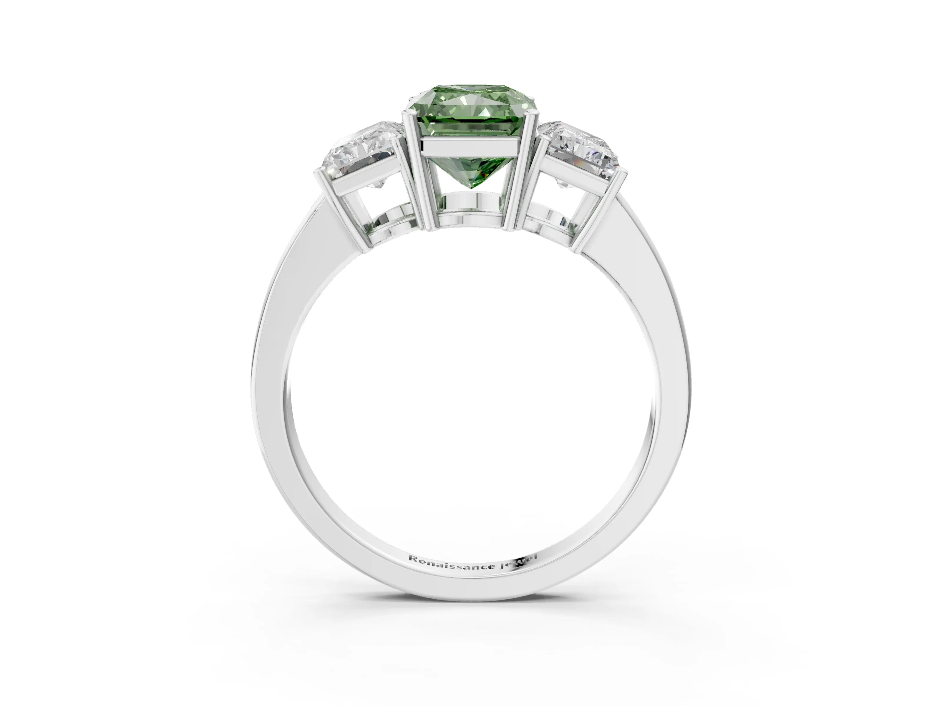 White gold Three-Stone Fancy Green Radiant Cut Cut Diamond Engagement Ring with Flat Band and Four-Prong Setting_3