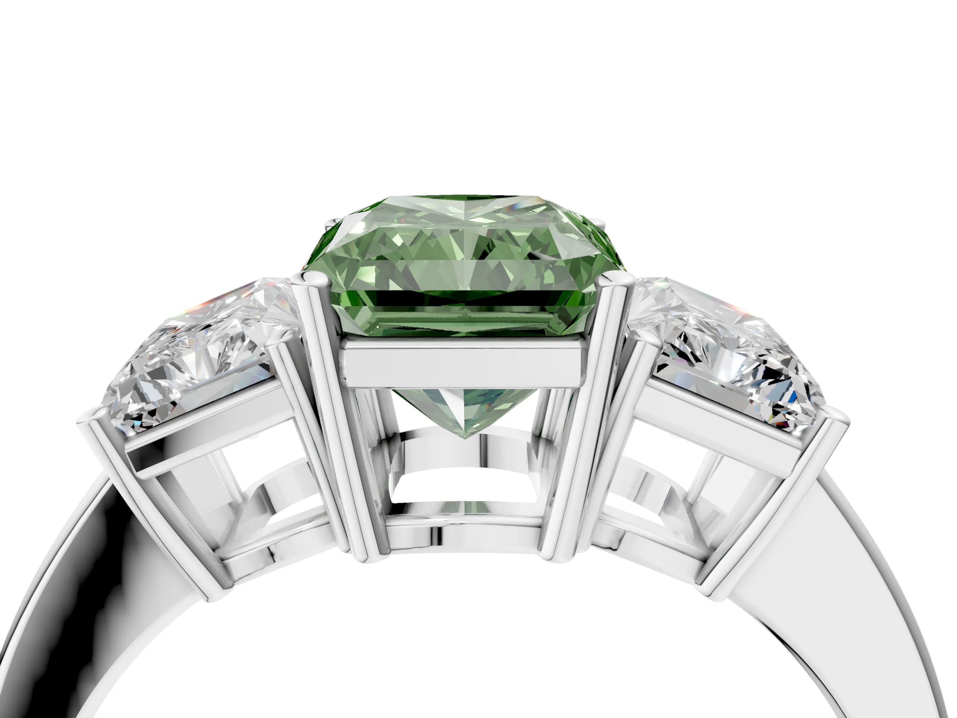 White gold Three-Stone Fancy Green Radiant Cut Cut Diamond Engagement Ring with Flat Band and Four-Prong Setting_4