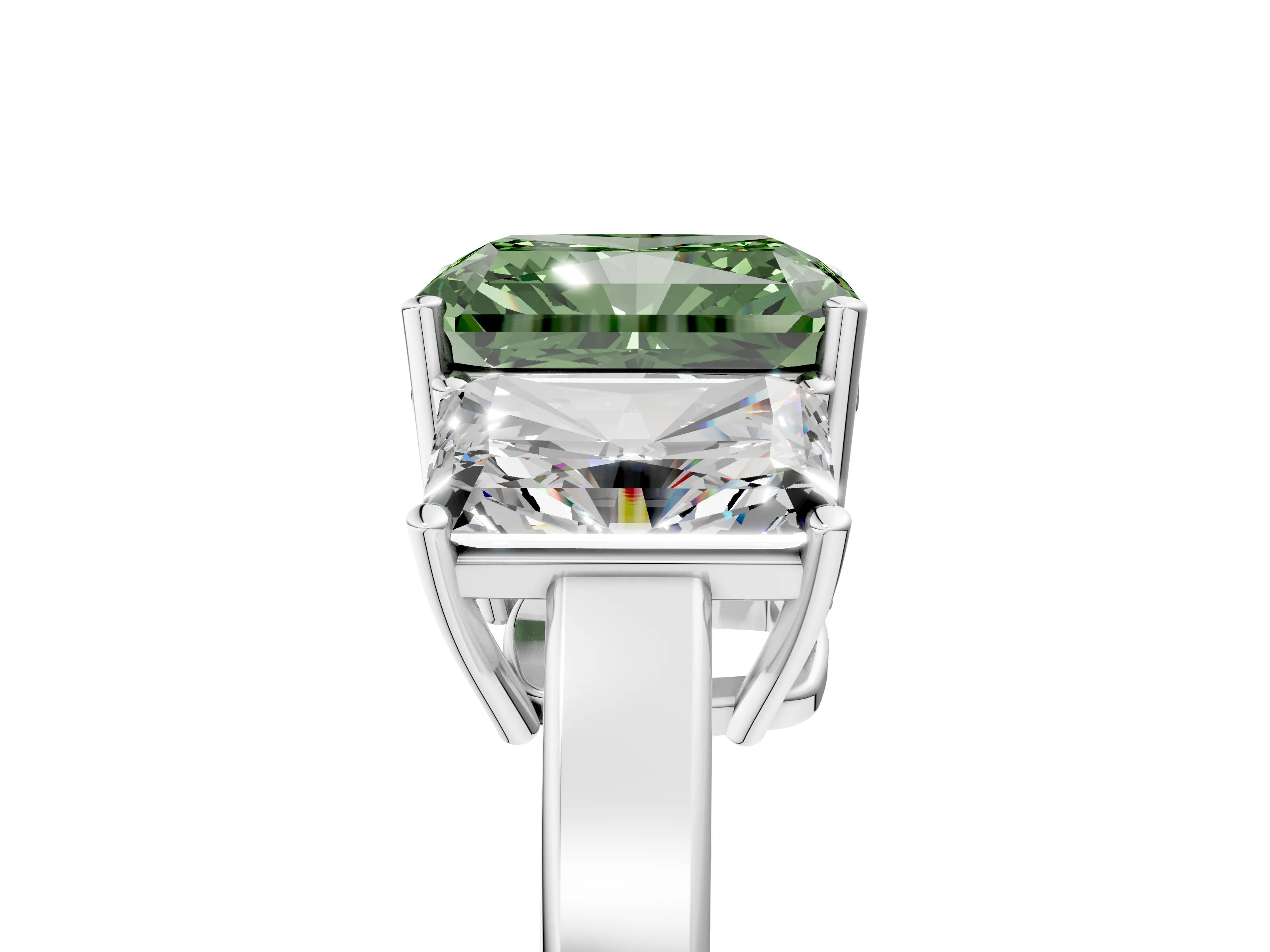 White gold Three-Stone Fancy Green Radiant Cut Cut Diamond Engagement Ring with Flat Band and Four-Prong Setting_5