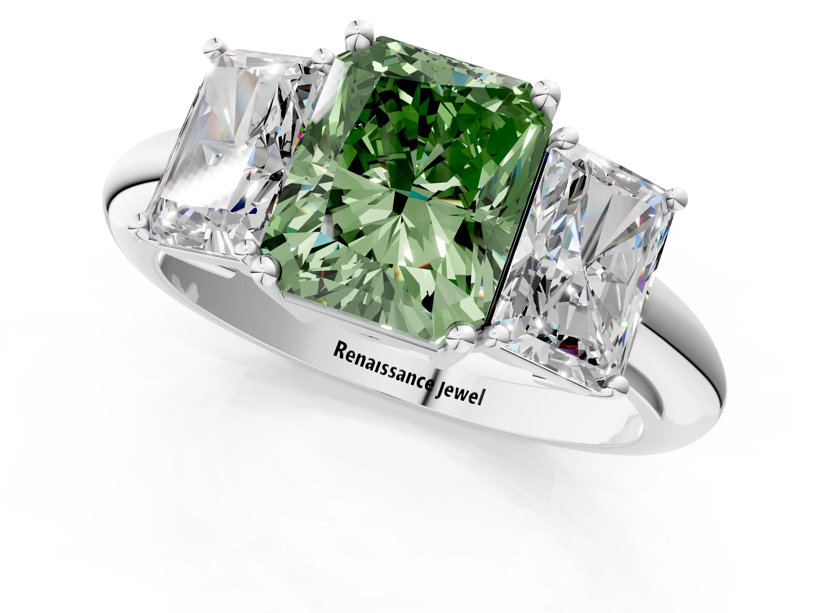 White gold Three-Stone Fancy Green Radiant Cut Cut Diamond Engagement Ring with Prong Setting on a White Gold Band_13