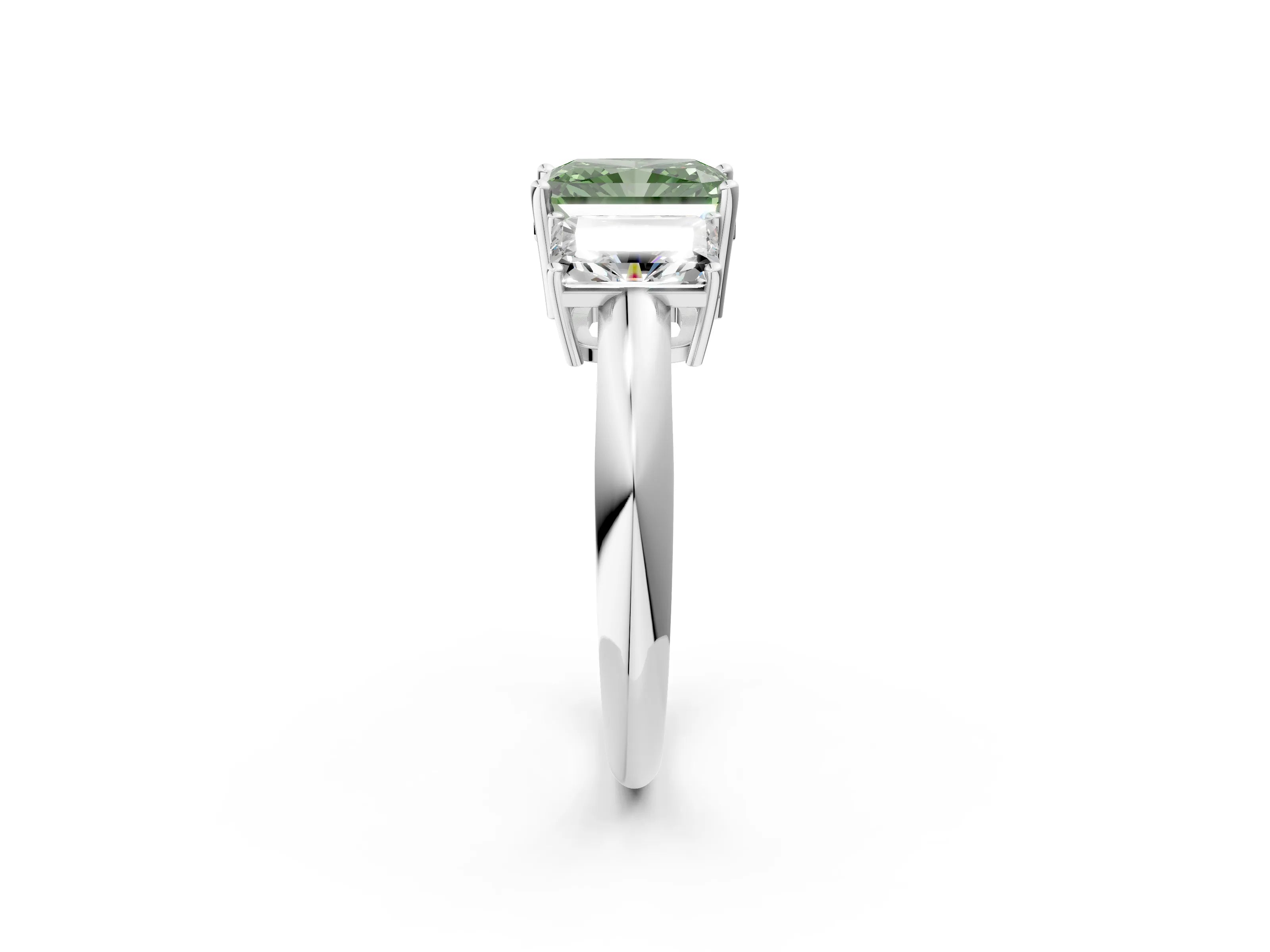 White gold Three-Stone Fancy Green Radiant Cut Cut Diamond Engagement Ring with Prong Setting on a White Gold Band_14