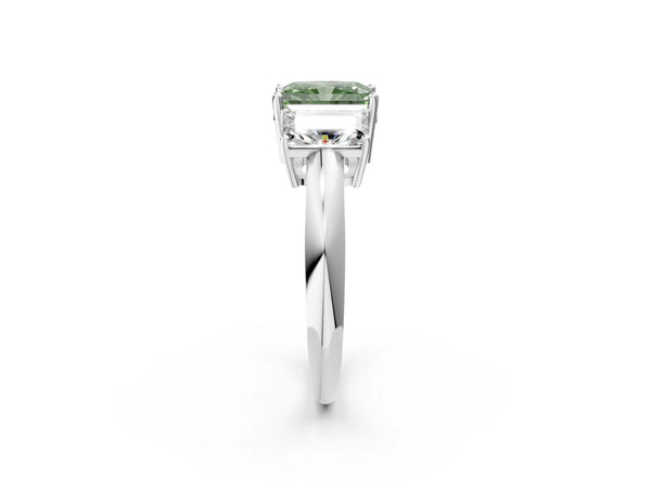 White gold Three-Stone Fancy Green Radiant Cut Cut Diamond Engagement Ring with Prong Setting on a White Gold Band