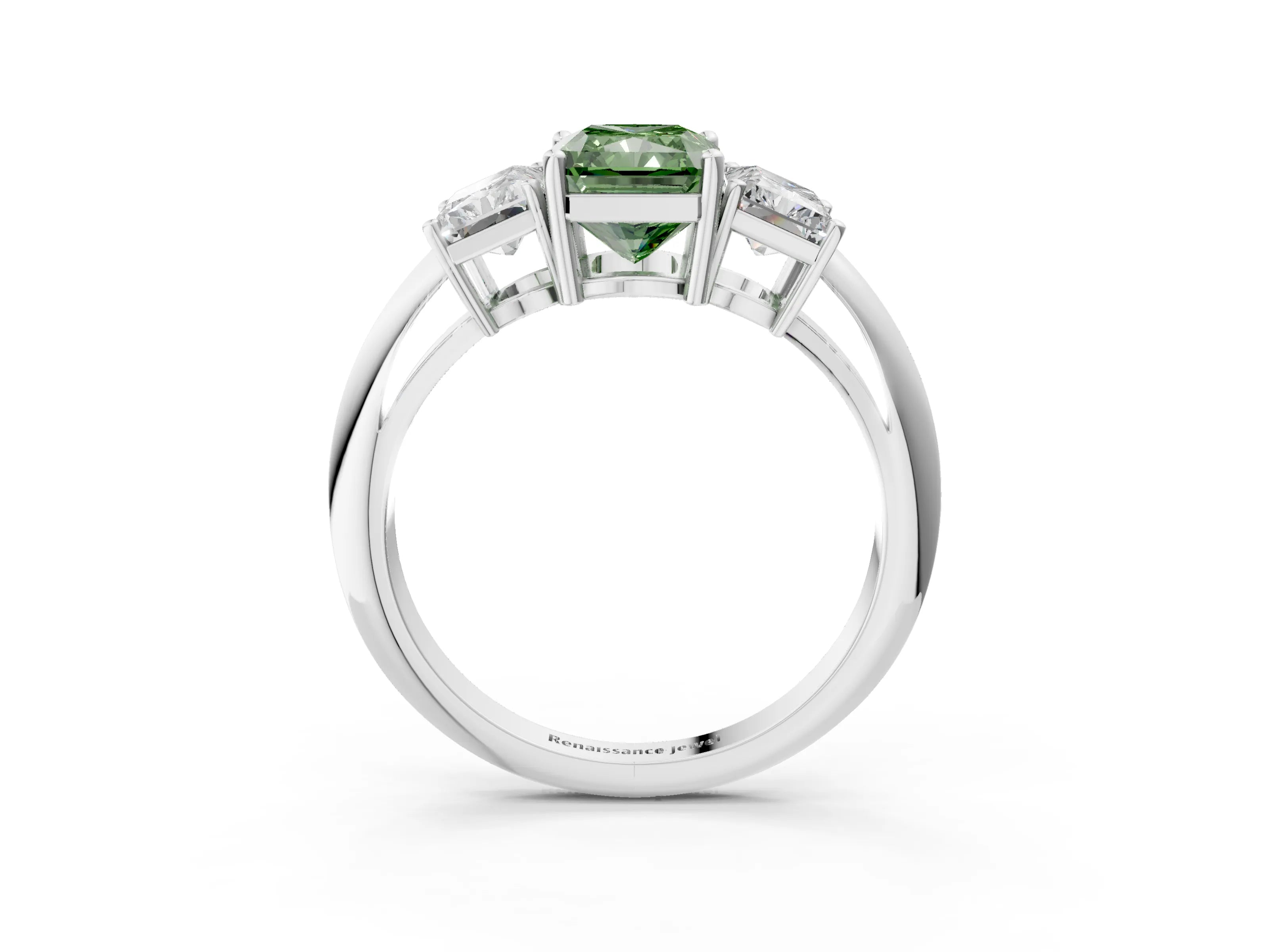 White gold Three-Stone Fancy Green Radiant Cut Cut Diamond Engagement Ring with Prong Setting on a White Gold Band_15