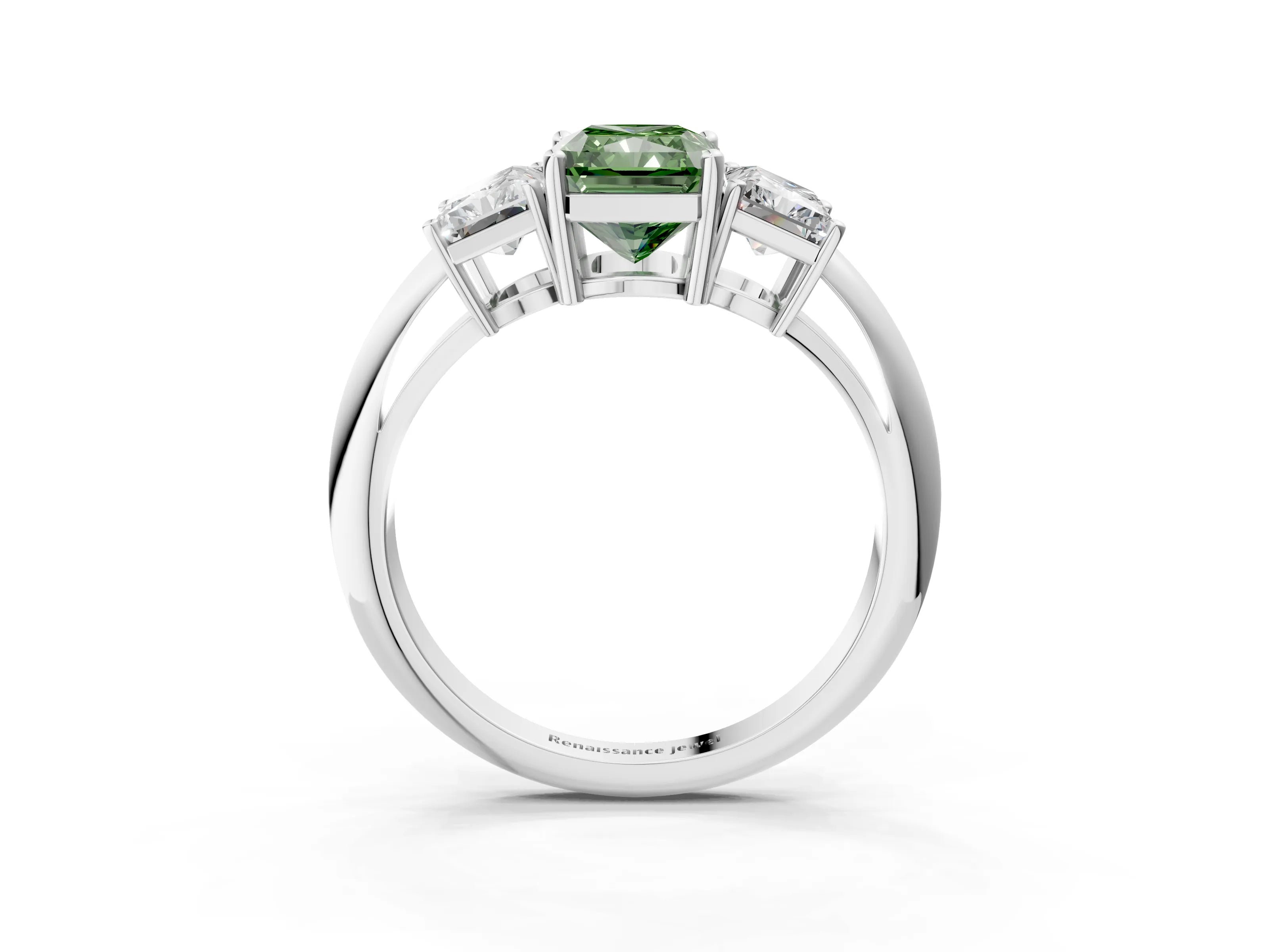 White gold Three-Stone Fancy Green Radiant Cut Cut Diamond Engagement Ring with Prong Setting on a White Gold Band_39