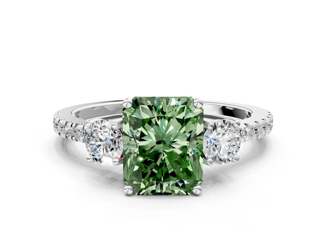 White gold Three-Stone Fancy Green Radiant Cut Cut Diamond Pavé Band with Prong Setting_30