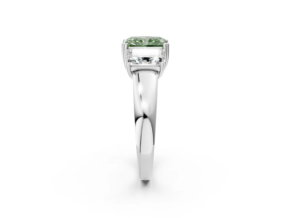 White gold Three-Stone Fancy Green Radiant Cut Cut Diamond Ring with Channel Set Band and Four-Prong Setting