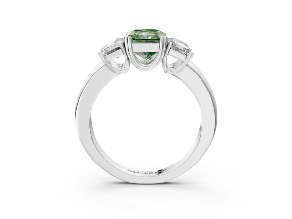 White gold Three-Stone Fancy Green Radiant Cut Cut Diamond Ring with Channel Set Band and Four-Prong Setting