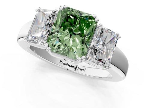 White gold Three-Stone Fancy Green Radiant Cut Cut Diamond Ring with Channel Set Band and Four-Prong Setting_1