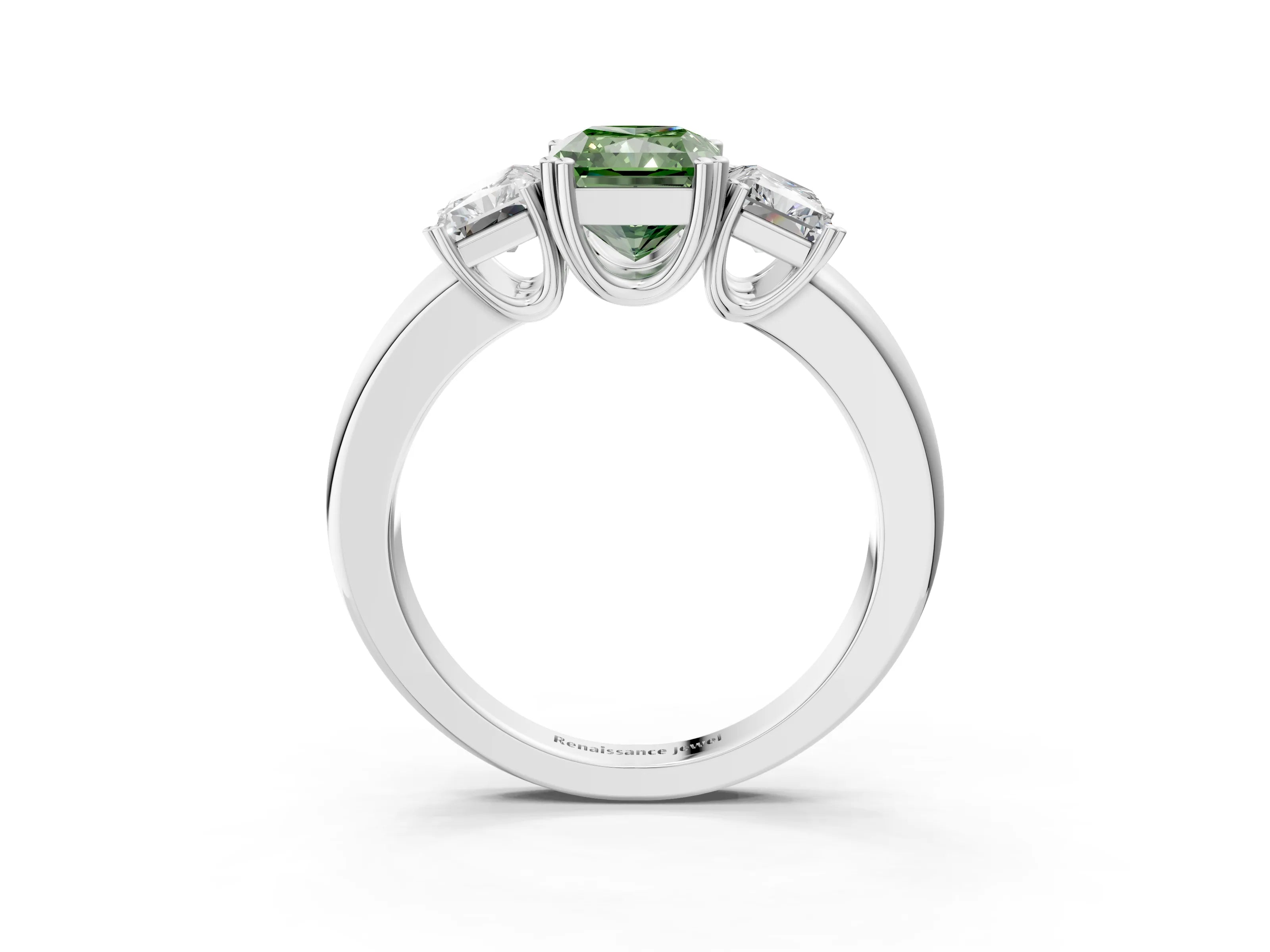 White gold Three-Stone Fancy Green Radiant Cut Cut Diamond Ring with Channel Set Band and Four-Prong Setting_3