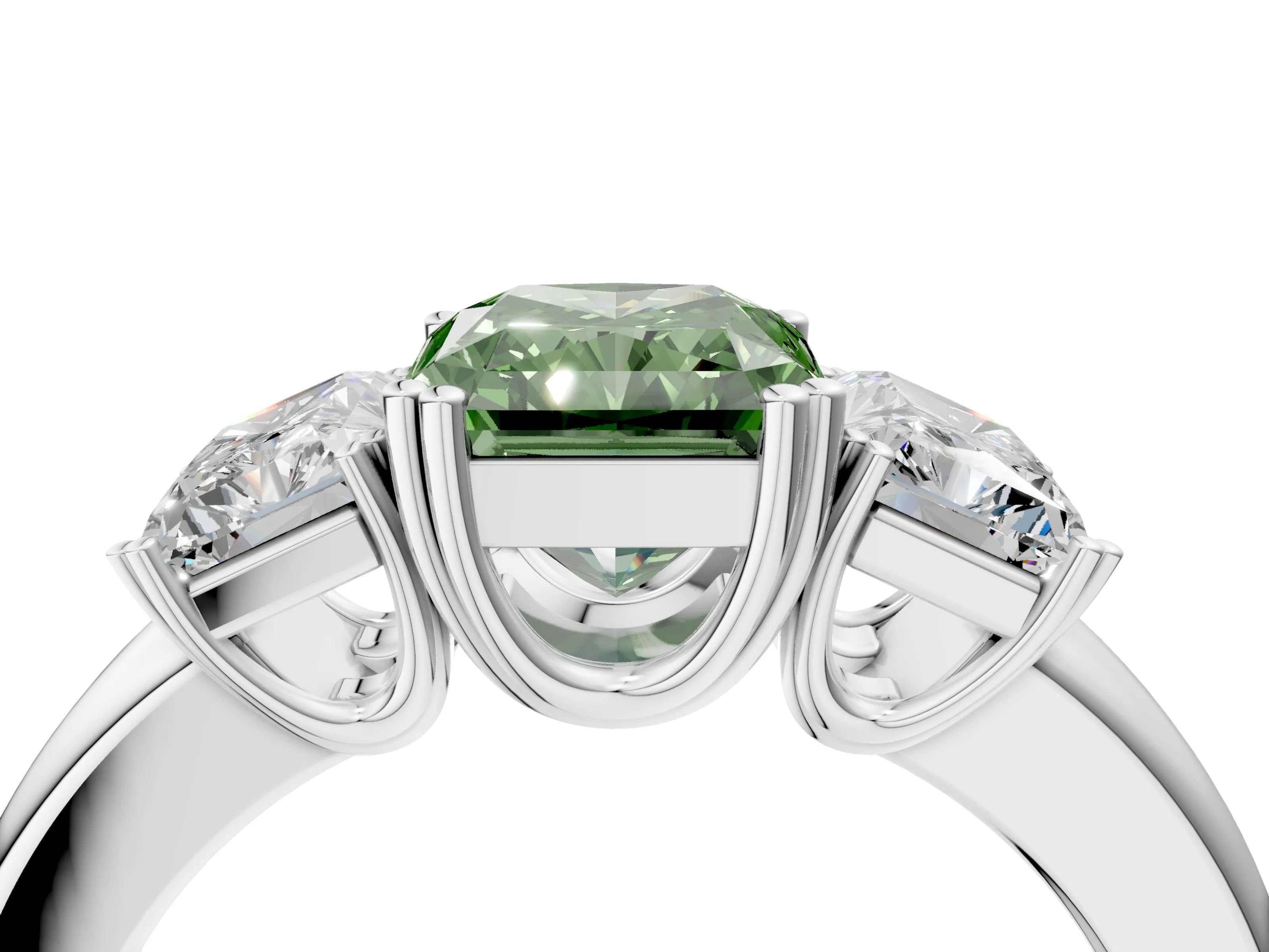 White gold Three-Stone Fancy Green Radiant Cut Cut Diamond Ring with Channel Set Band and Four-Prong Setting_4