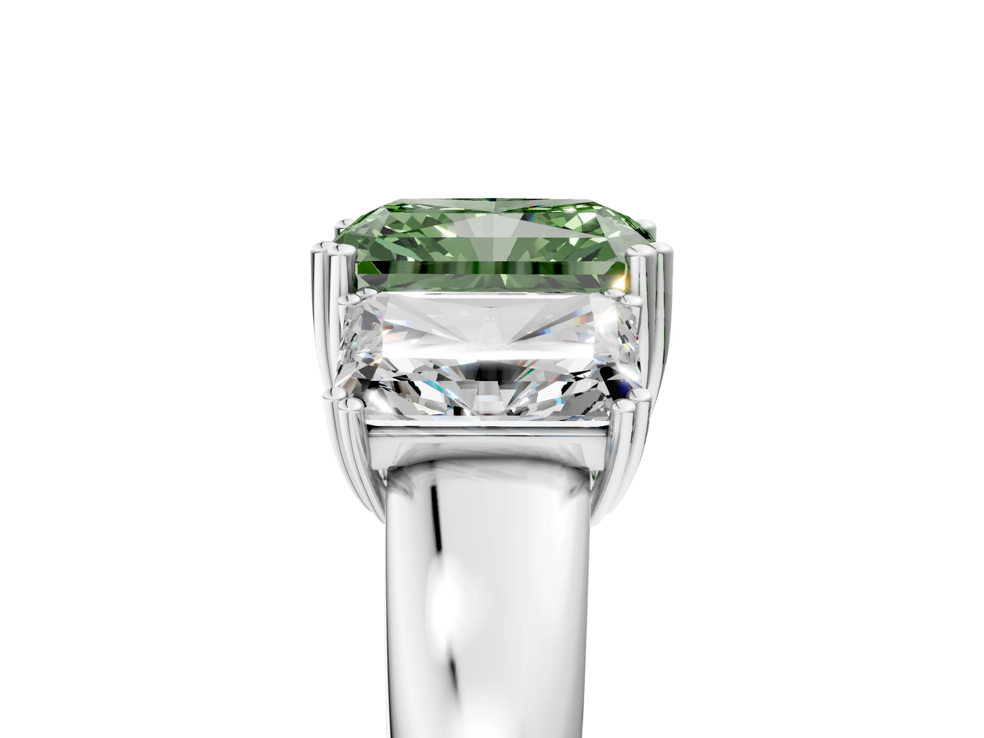White gold Three-Stone Fancy Green Radiant Cut Cut Diamond Ring with Channel Set Band and Four-Prong Setting_5
