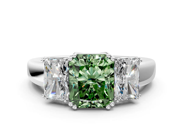 White gold Three-Stone Fancy Green Radiant Cut Cut Diamond Ring with Channel Set Band and Four-Prong Setting