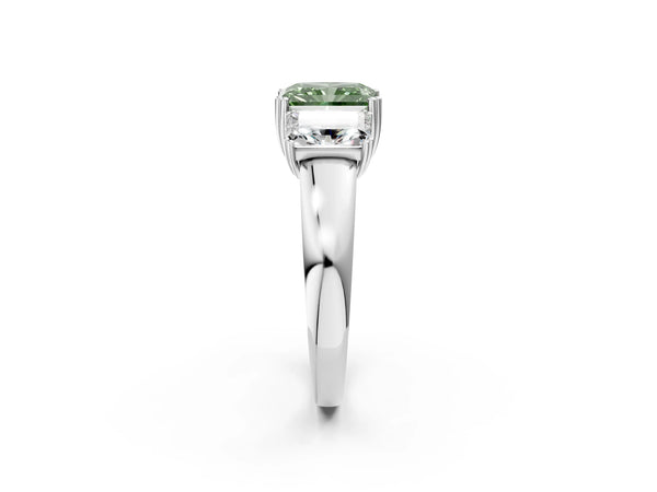 White gold Three-Stone Fancy Green Radiant Cut Cut Diamond Ring with Channel Set Band and Four-Prong Setting