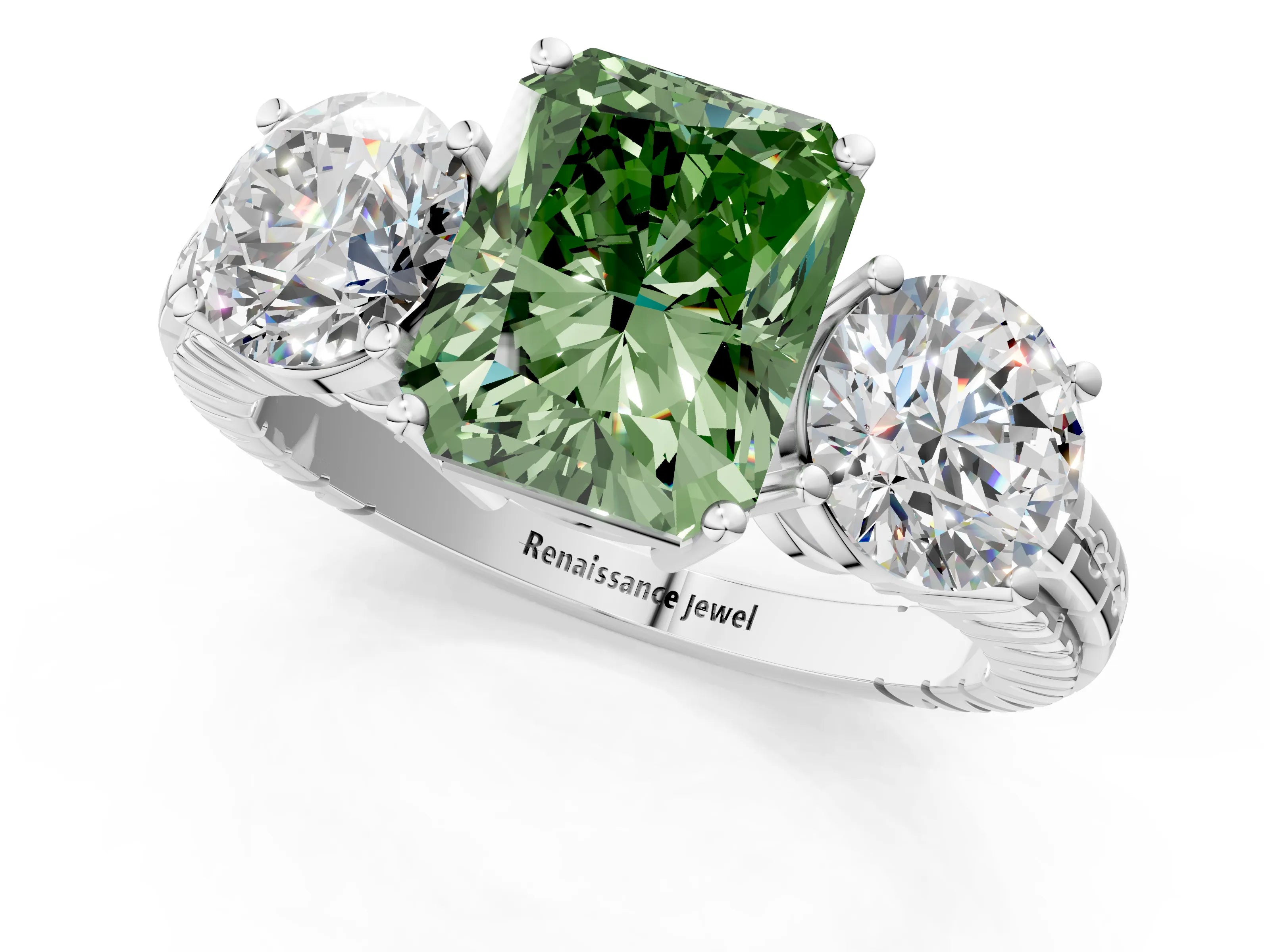 White gold Three-Stone Fancy Green Radiant Cut Cut Diamond Ring with Channel-Set Band and Prong Setting_1