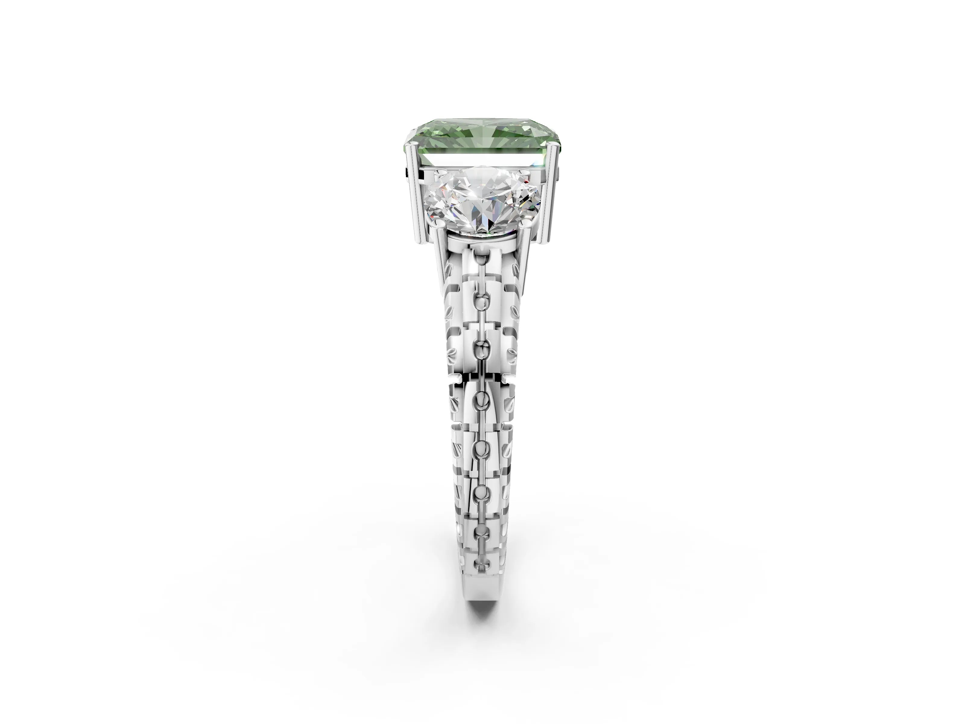 White gold Three-Stone Fancy Green Radiant Cut Cut Diamond Ring with Channel-Set Band and Prong Setting_2