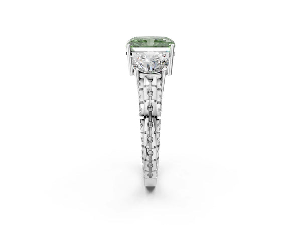 White gold Three-Stone Fancy Green Radiant Cut Cut Diamond Ring with Channel-Set Band and Prong Setting