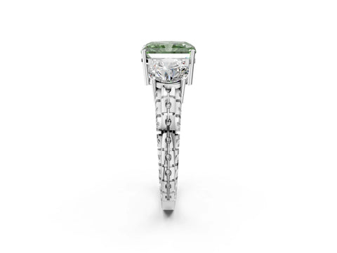 White gold Three-Stone Fancy Green Radiant Cut Cut Diamond Ring with Channel-Set Band and Prong Setting_2