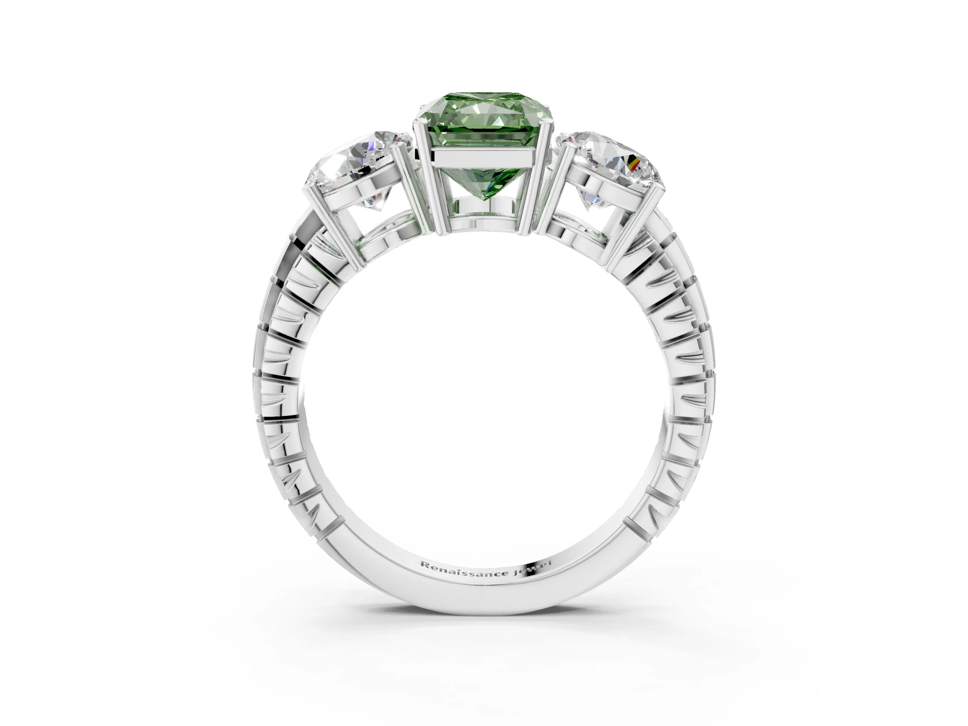 White gold Three-Stone Fancy Green Radiant Cut Cut Diamond Ring with Channel-Set Band and Prong Setting_3