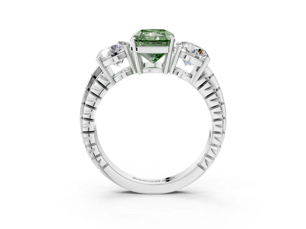 White gold Three-Stone Fancy Green Radiant Cut Cut Diamond Ring with Channel-Set Band and Prong Setting