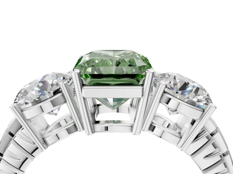White gold Three-Stone Fancy Green Radiant Cut Cut Diamond Ring with Channel-Set Band and Prong Setting_4