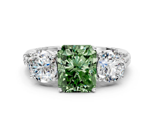 White gold Three-Stone Fancy Green Radiant Cut Cut Diamond Ring with Channel-Set Band and Prong Setting