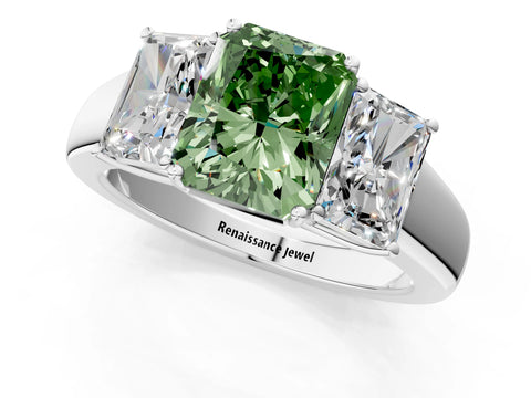 White gold Three-Stone Fancy Green Radiant Cut Cut Diamond Ring with Prong Setting and Classic Band_1