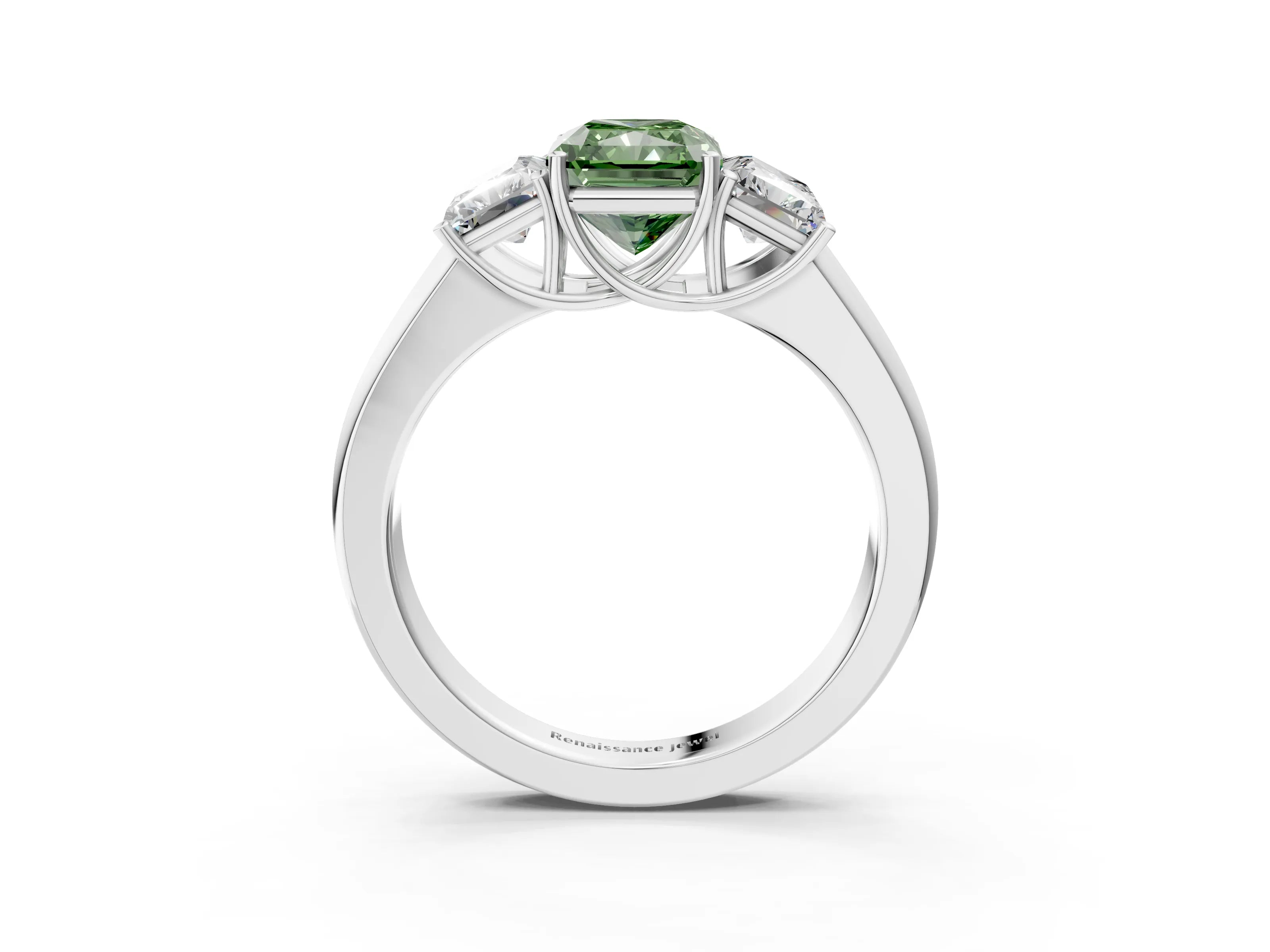 White gold Three-Stone Fancy Green Radiant Cut Cut Diamond Ring with Prong Setting and Classic Band_3