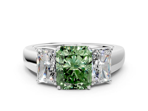 White gold Three-Stone Fancy Green Radiant Cut Cut Diamond Ring with Prong Setting and Classic Band