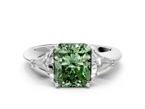 White gold Three-Stone Fancy Green Radiant Cut Cut Diamond Ring with Trillion Side Stones and Four-Prong Setting_11