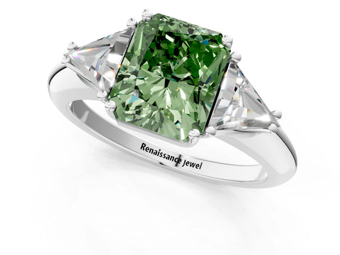 White gold Three-Stone Fancy Green Radiant Cut Cut Diamond Ring with Trillion Side Stones and Four-Prong Setting_12