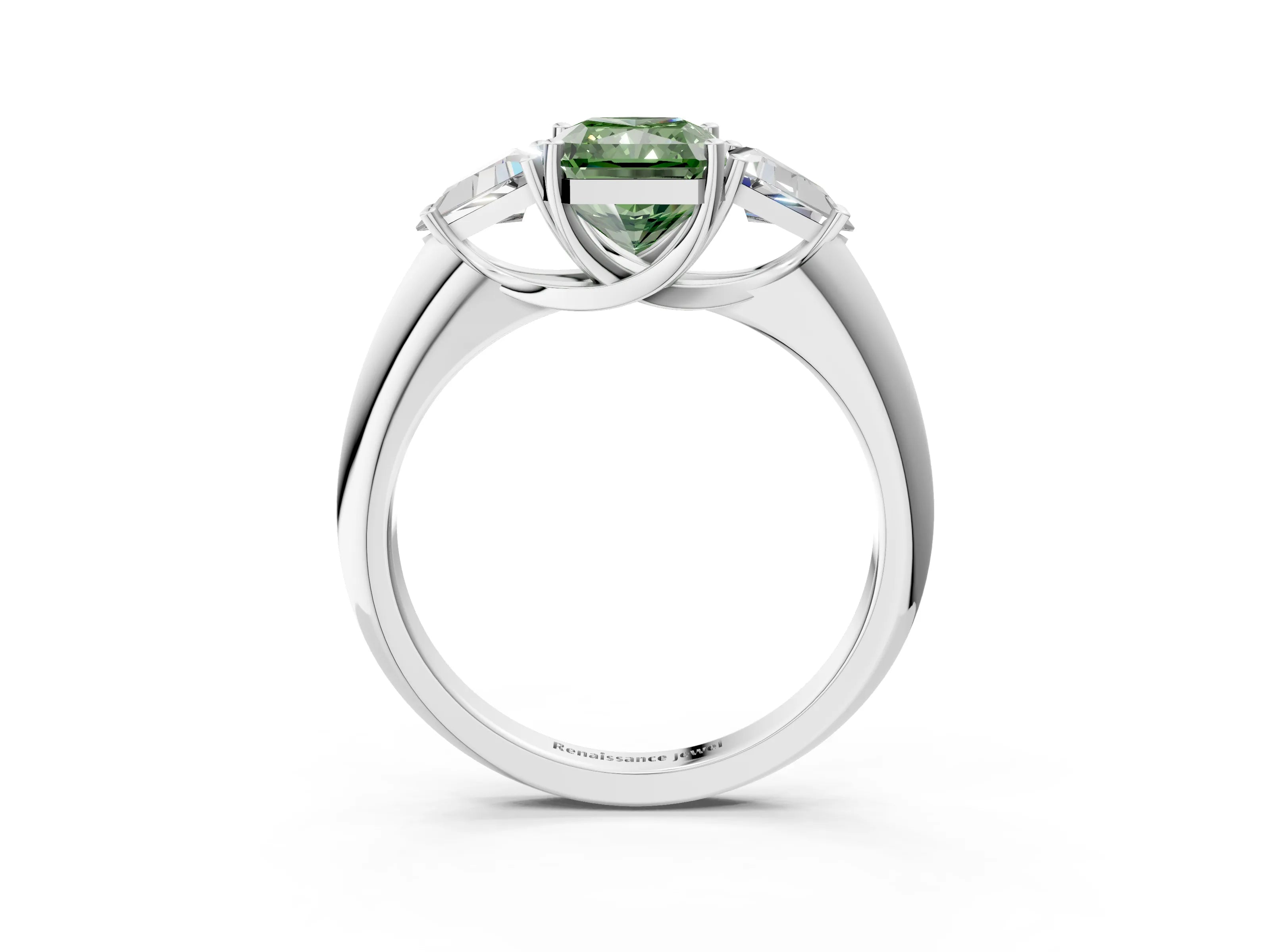 White gold Three-Stone Fancy Green Radiant Cut Cut Diamond Ring with Trillion Side Stones and Four-Prong Setting_14
