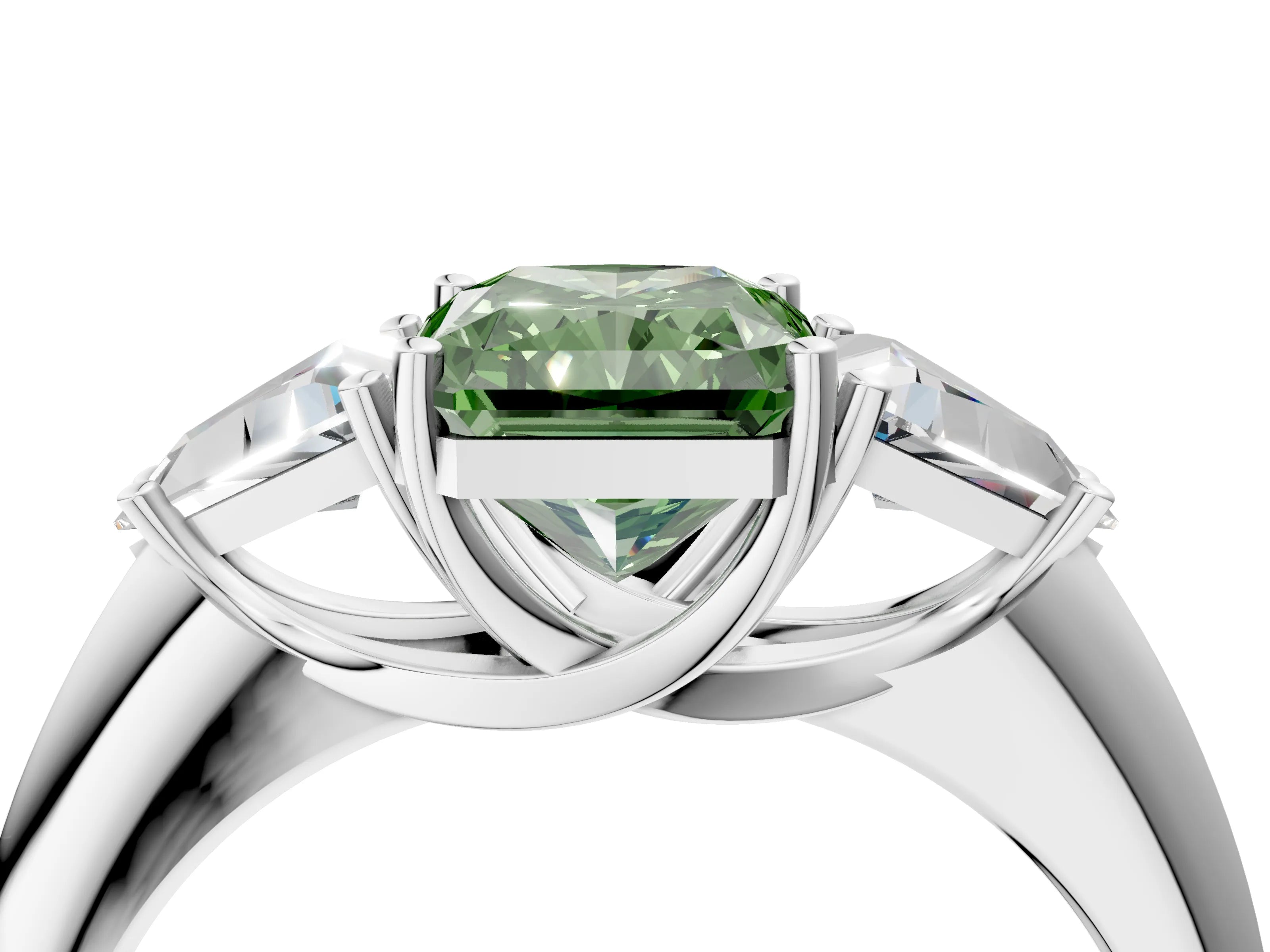 White gold Three-Stone Fancy Green Radiant Cut Cut Diamond Ring with Trillion Side Stones and Four-Prong Setting_15