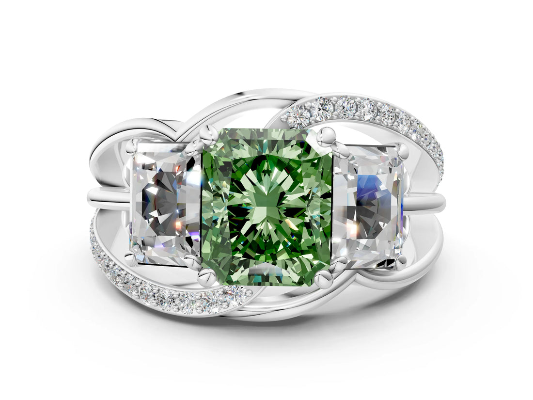 White gold Three-Stone Fancy Green Radiant Cut Cut Diamond Split Shank Prong Set Ring_12