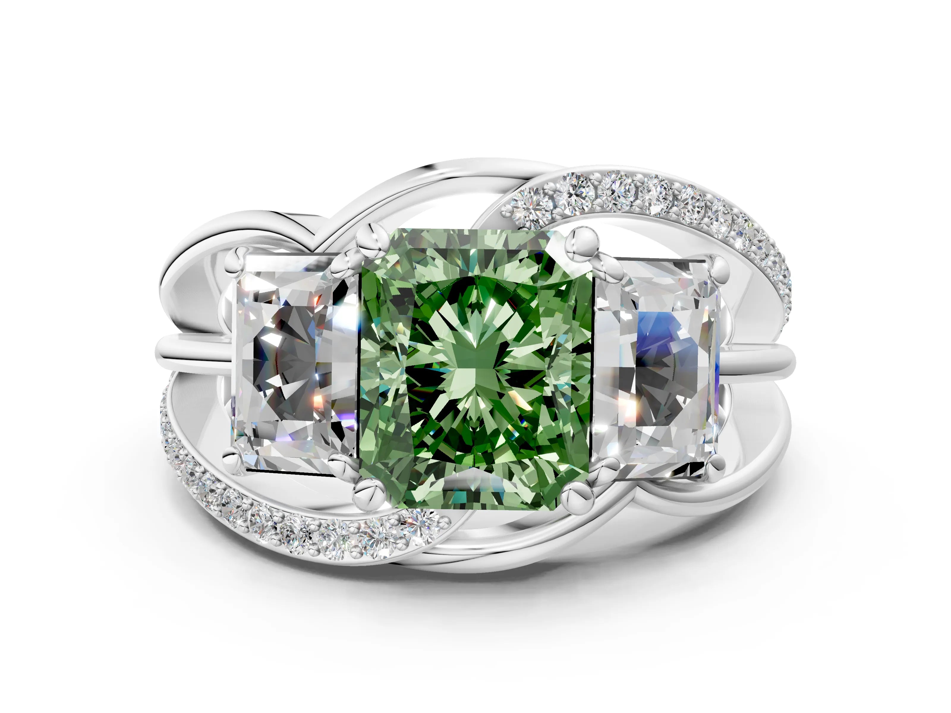 White gold Three-Stone Fancy Green Radiant Cut Cut Diamond Split Shank Prong Set Ring_24