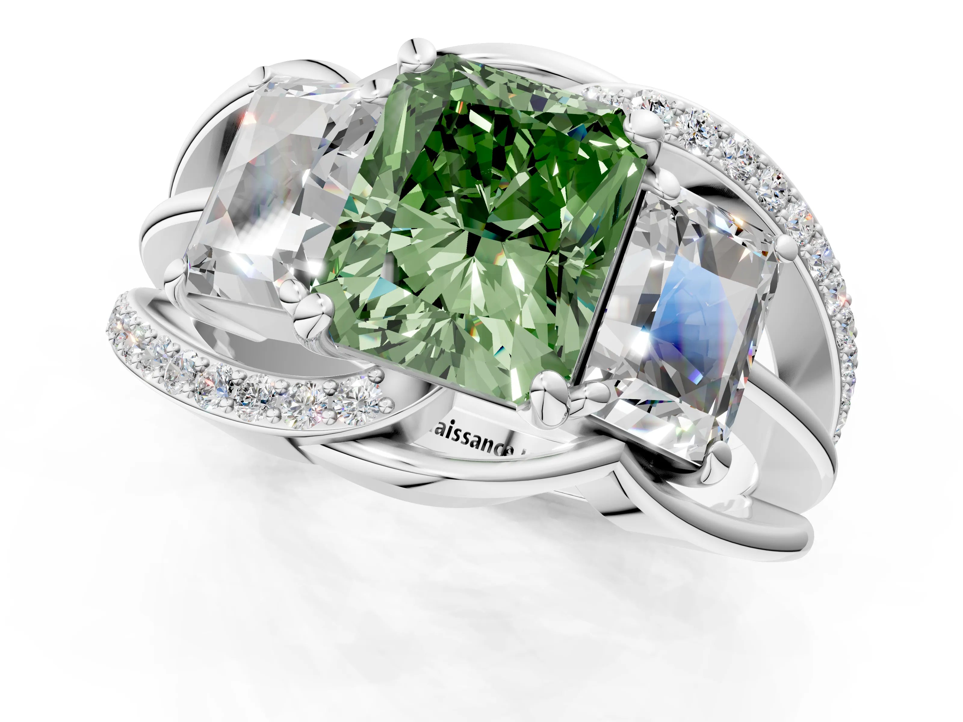 White gold Three-Stone Fancy Green Radiant Cut Cut Diamond Split Shank Prong Set Ring_25