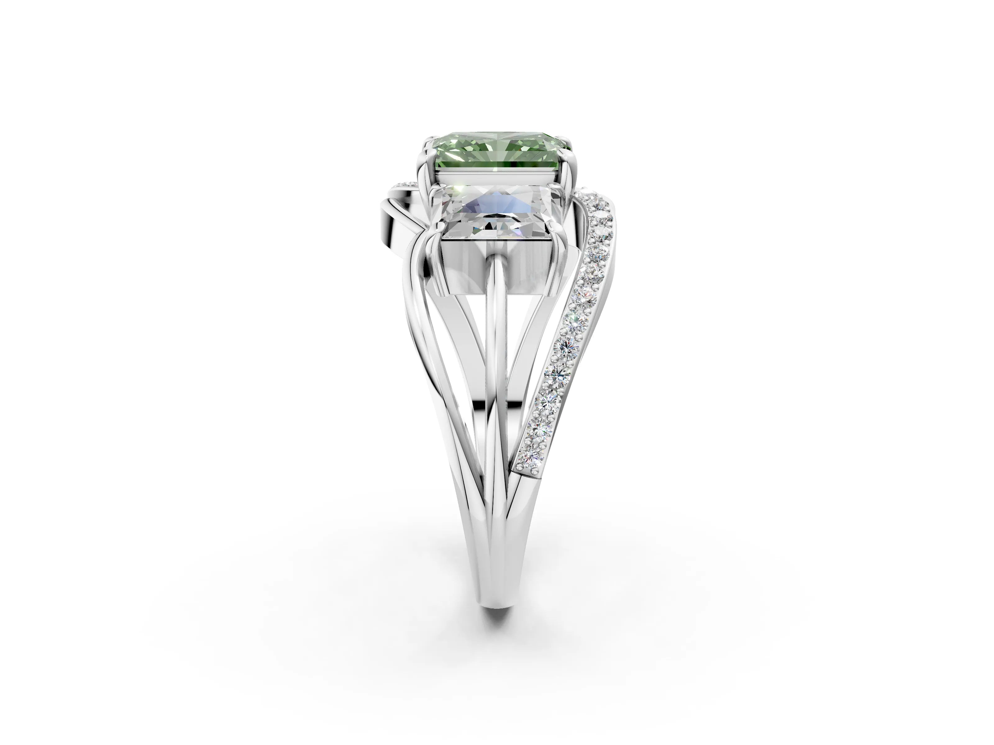 White gold Three-Stone Fancy Green Radiant Cut Cut Diamond Split Shank Prong Set Ring_26