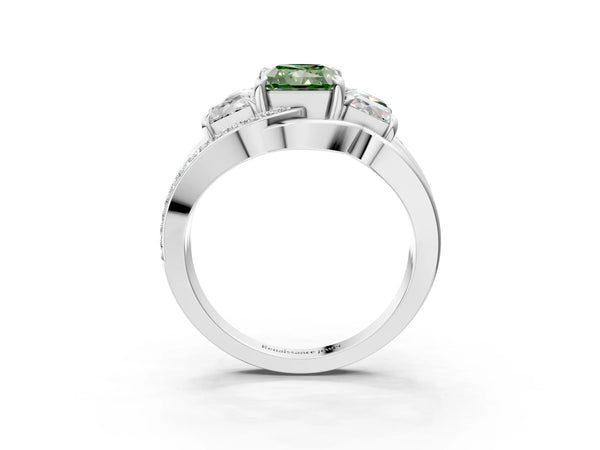 White gold Three-Stone Fancy Green Radiant Cut Cut Diamond Split Shank Prong Set Ring