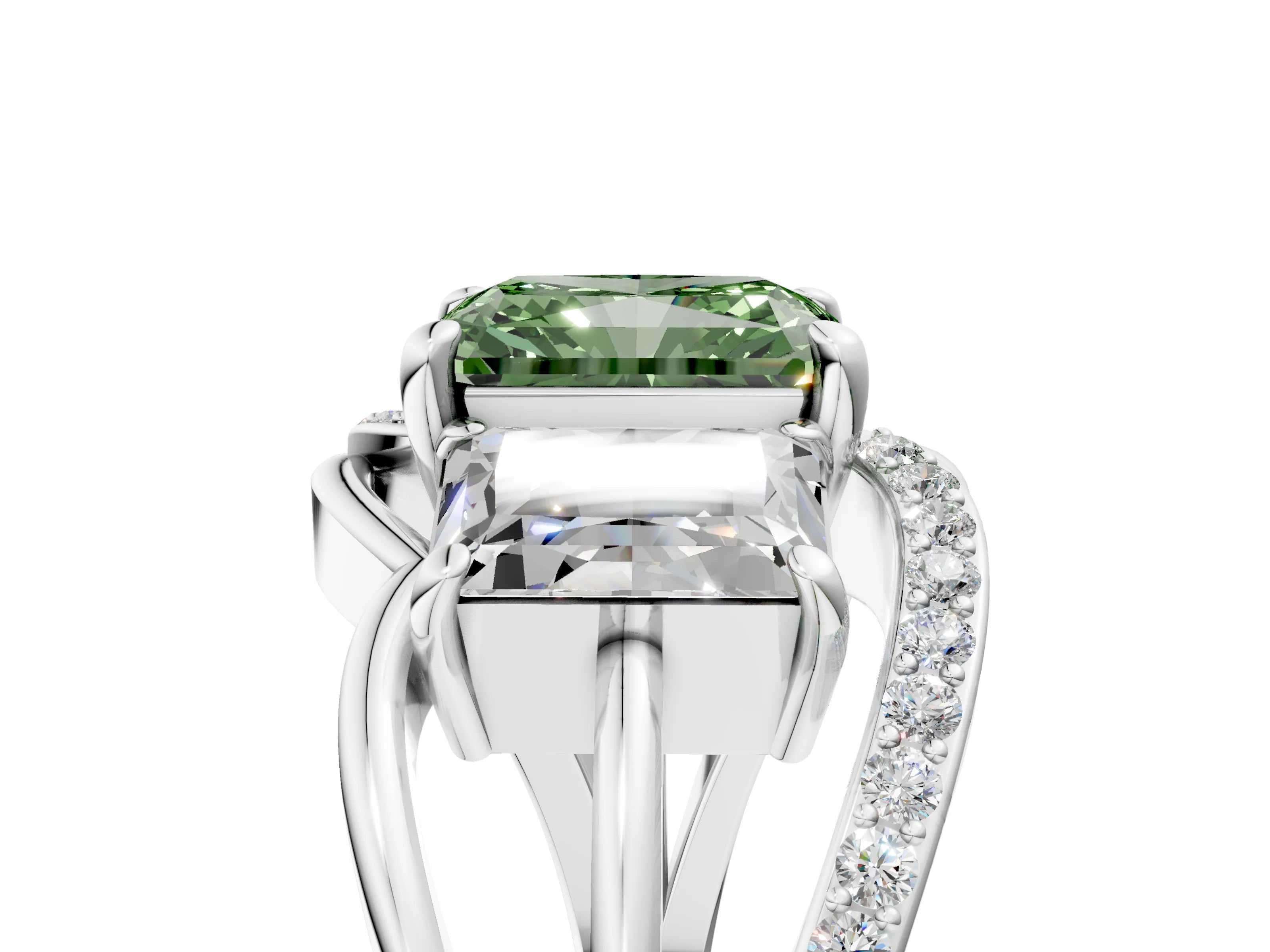 White gold Three-Stone Fancy Green Radiant Cut Cut Diamond Split Shank Prong Set Ring_29