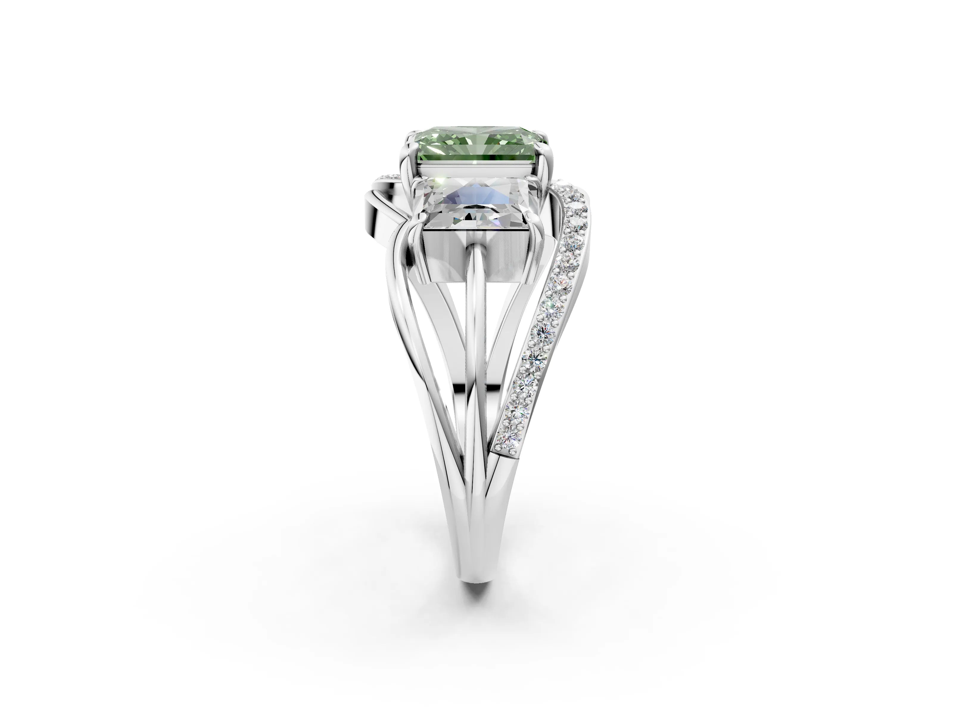 White gold Three-Stone Fancy Green Radiant Cut Cut Diamond Split Shank Prong Set Ring_2