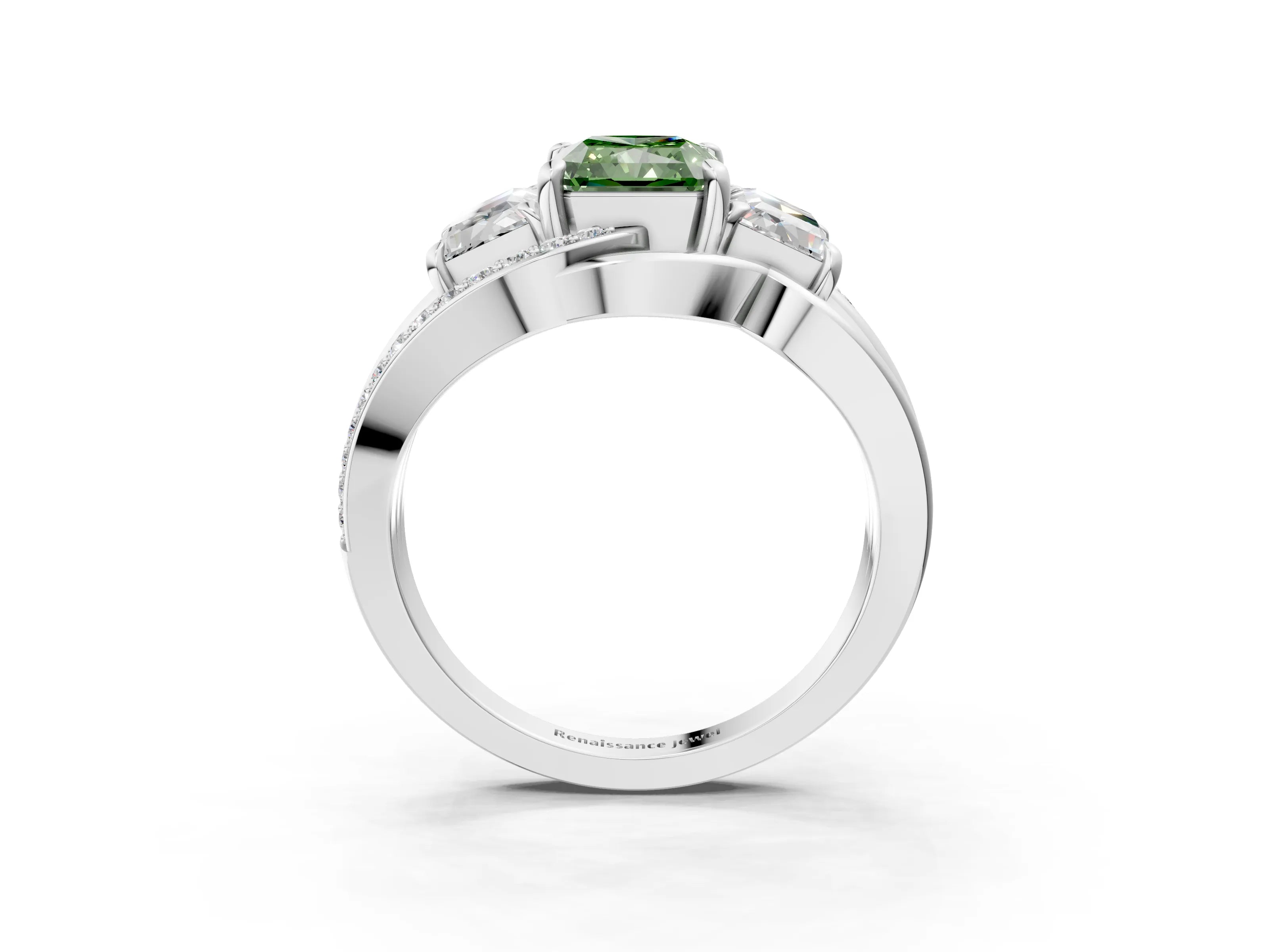 White gold Three-Stone Fancy Green Radiant Cut Cut Diamond Split Shank Prong Set Ring_3