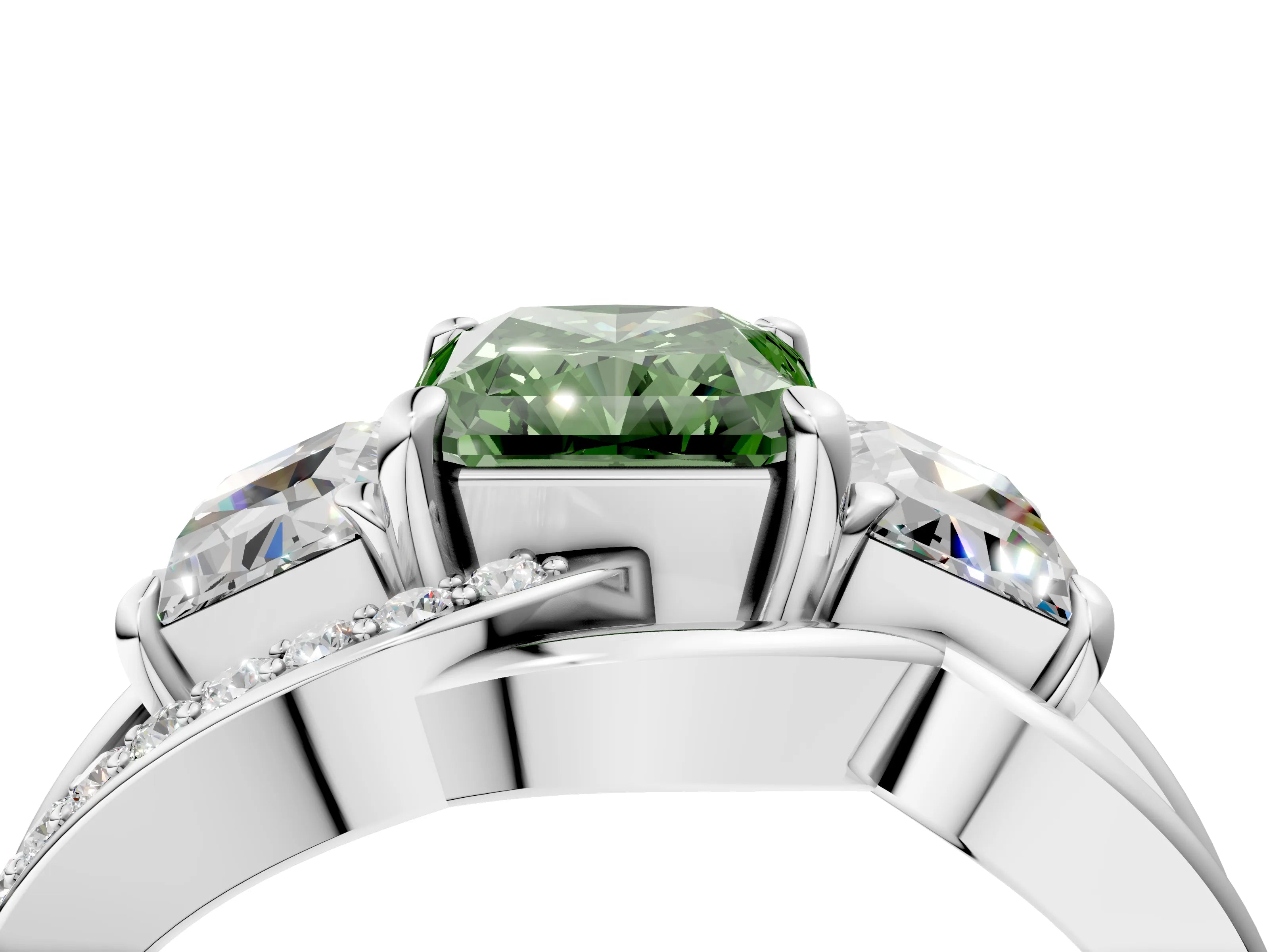 White gold Three-Stone Fancy Green Radiant Cut Cut Diamond Split Shank Prong Set Ring_4