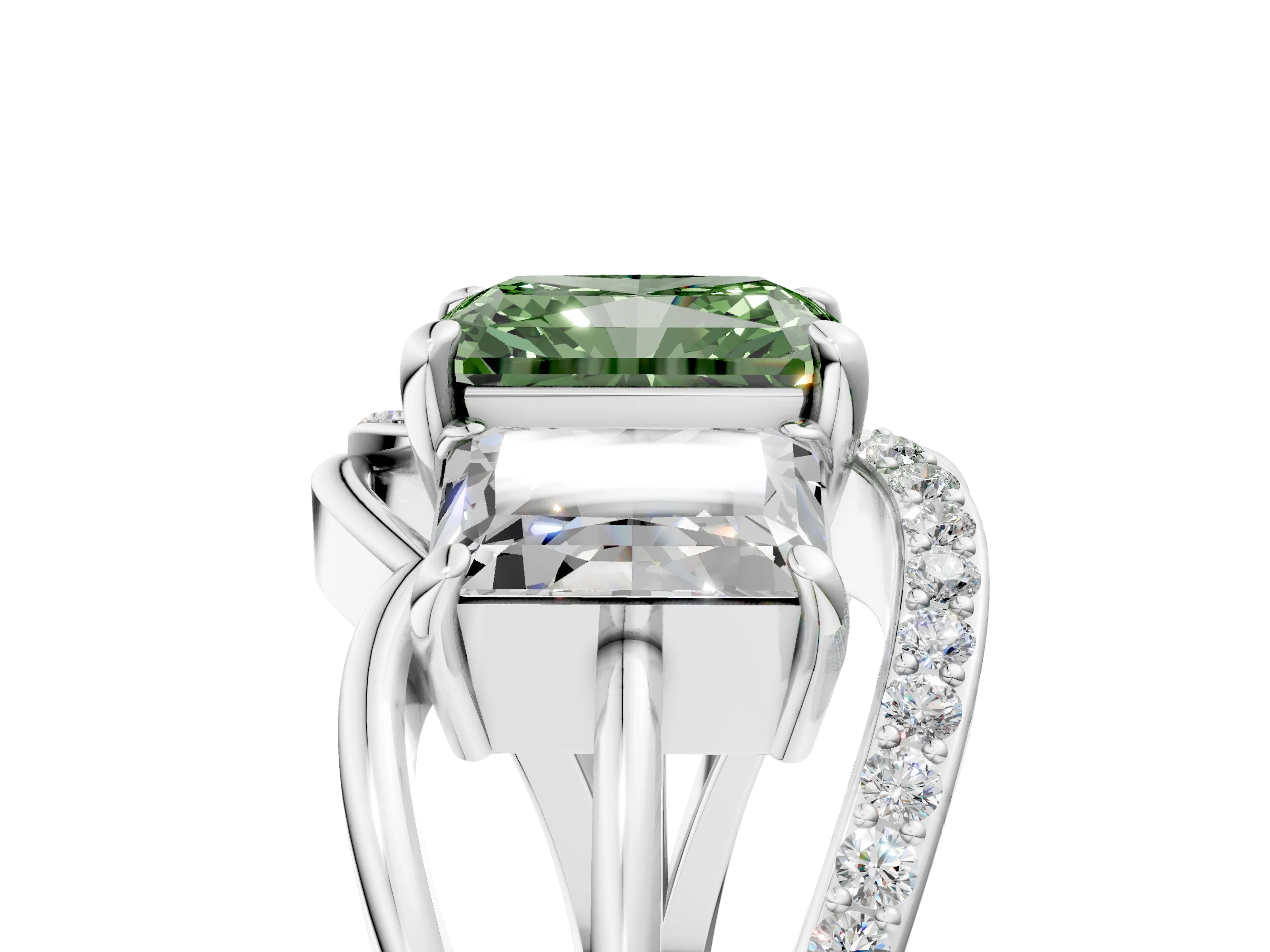 White gold Three-Stone Fancy Green Radiant Cut Cut Diamond Split Shank Prong Set Ring_5