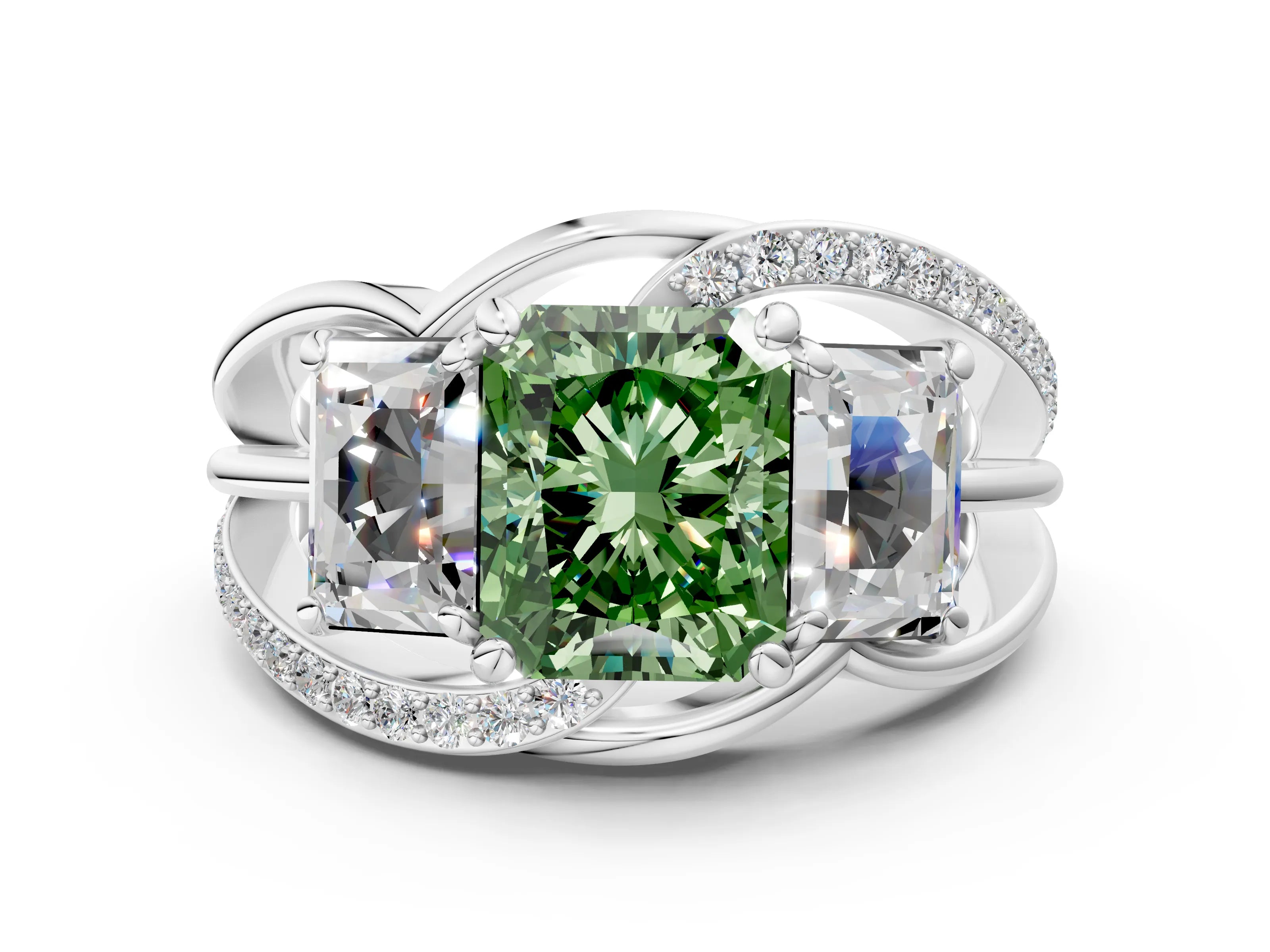 White gold Three-Stone Fancy Green Radiant Cut Cut Diamond Split Shank Prong Set Ring
