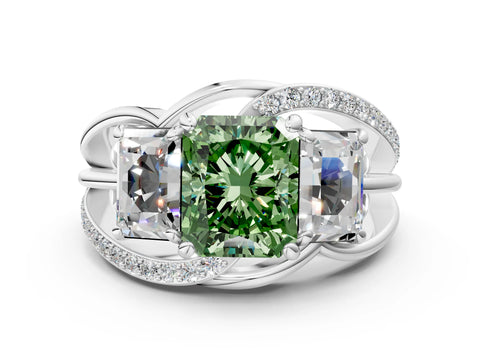 White gold Three-Stone Fancy Green Radiant Cut Cut Diamond Split Shank Prong Set Ring